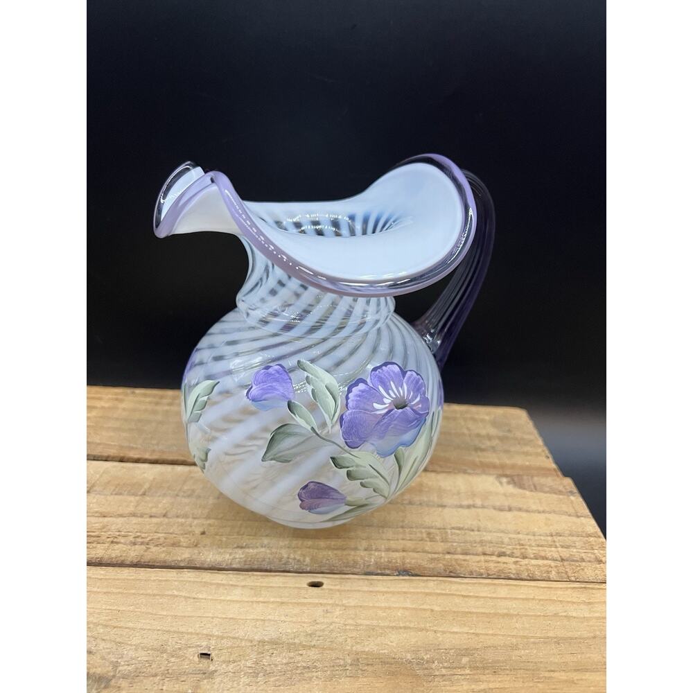 Fenton White Opalescent Ribbed Purple Lavender Handle Hand Painted Signed
